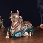 Brass Sitting Nandi Statue | 13" Width | Right Leg Raised | Traditional Stonework | Sacred Hindu Art | Premium Collection | Jaipurio